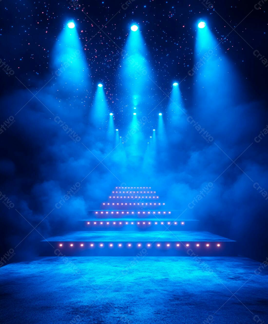 Palco iluminado com escadas azuis