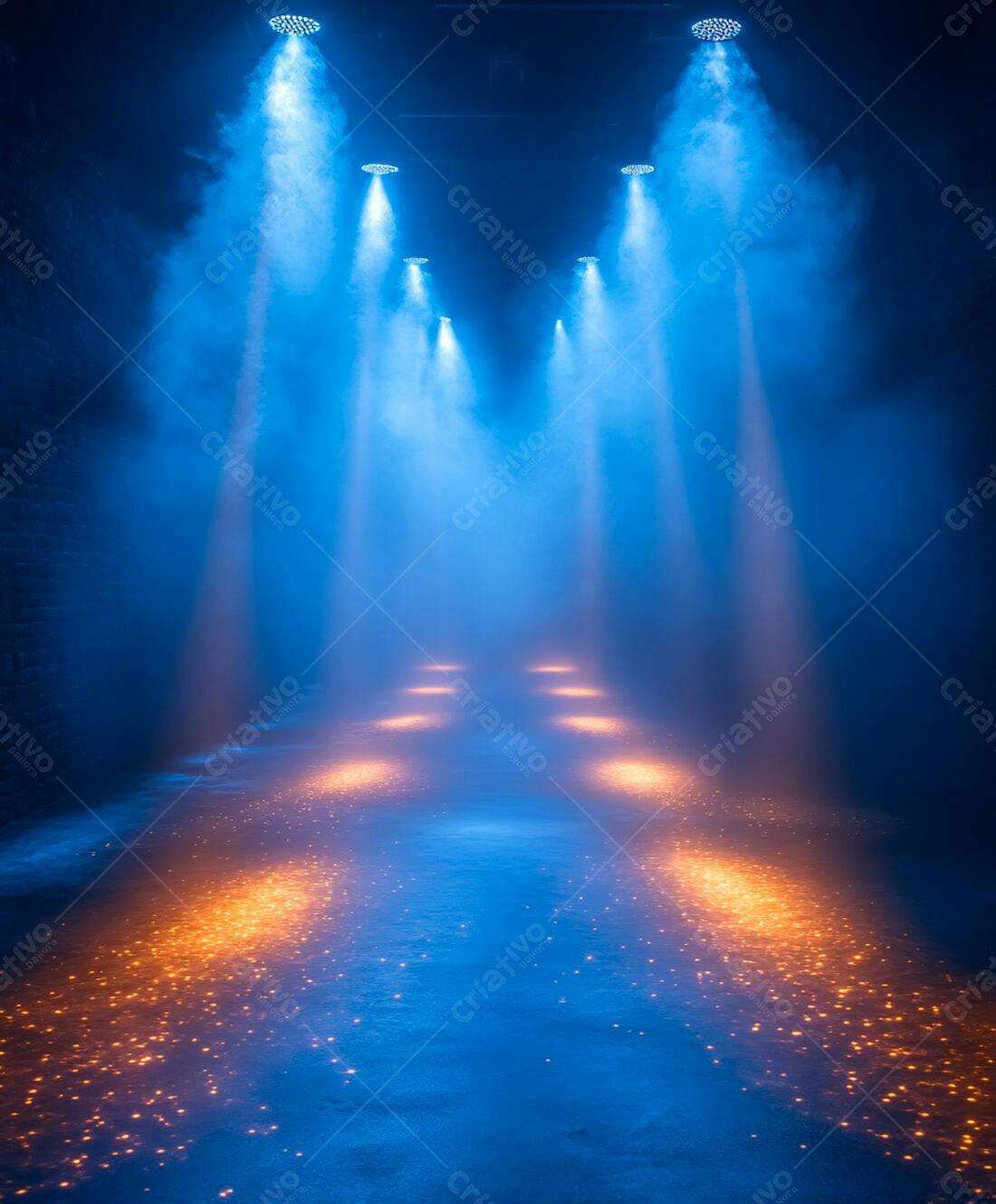 Palco iluminado com névoa azul e faíscas