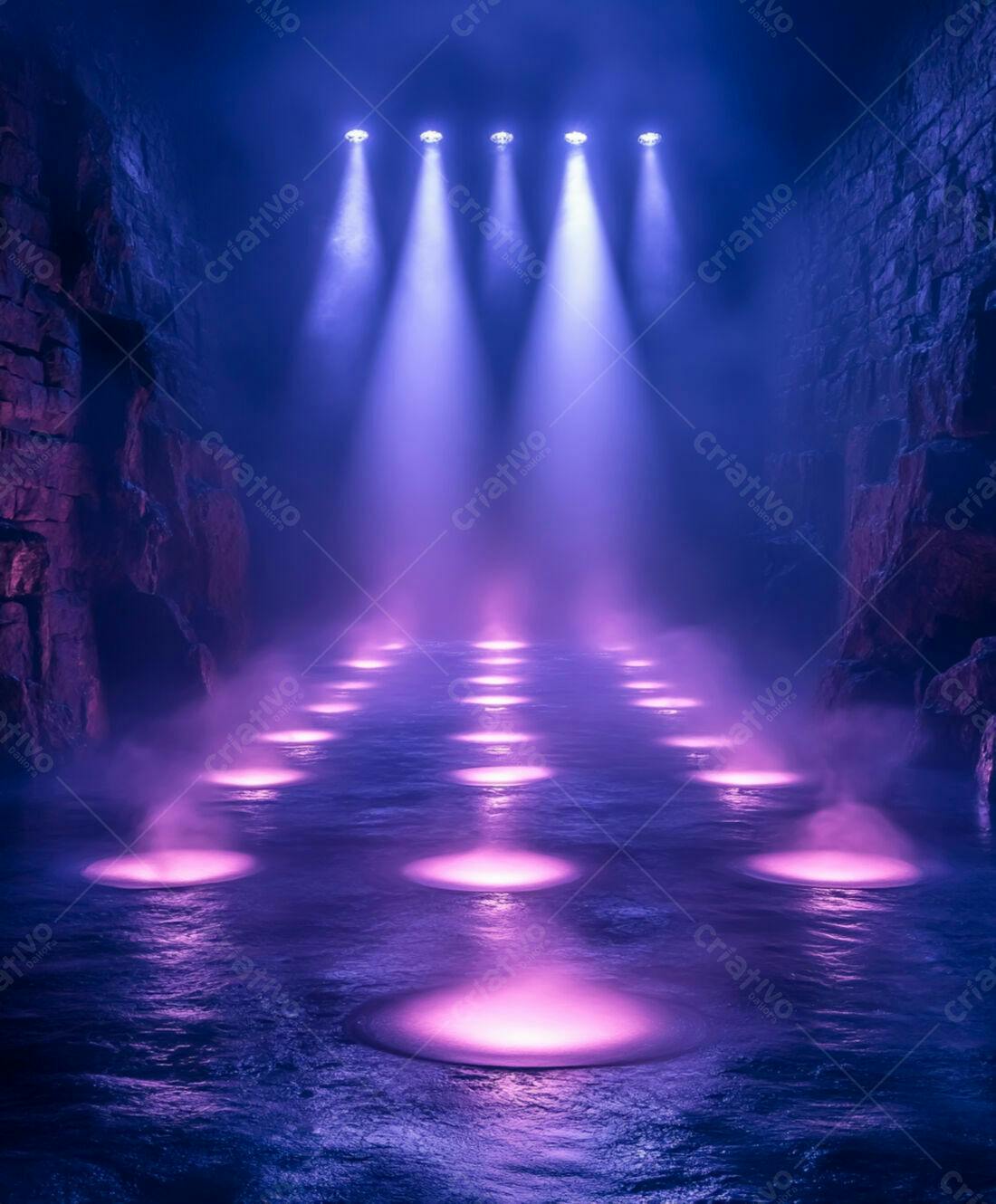 Iluminação roxa em palco aquático noturno