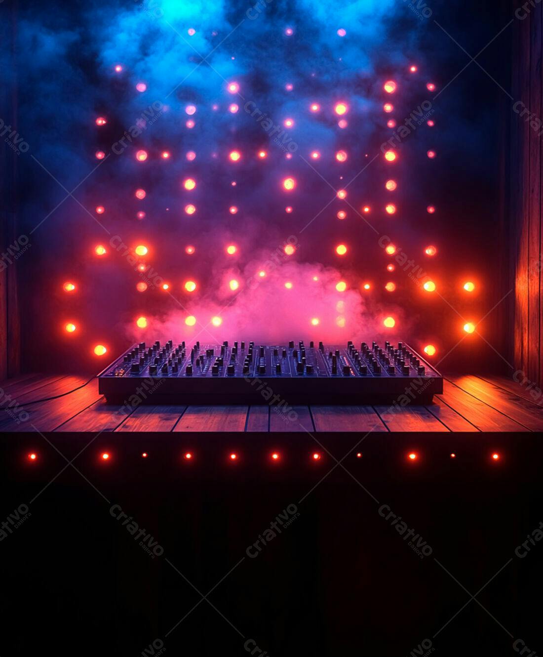 Mesa de som em palco com luzes neon