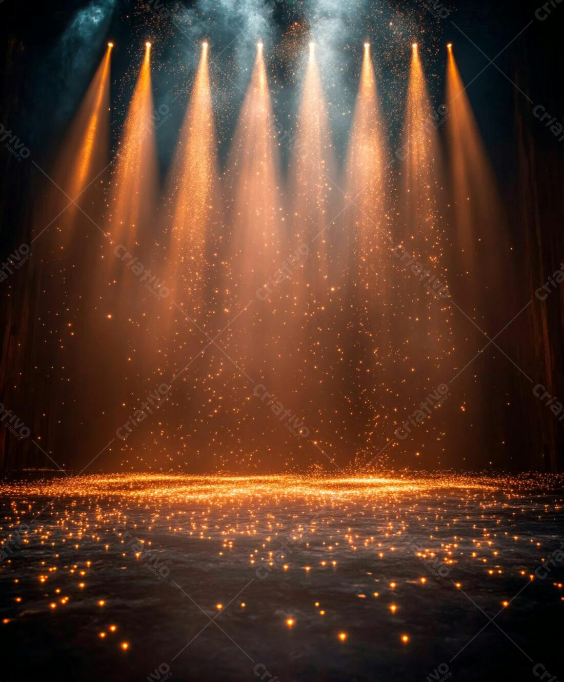 Palco iluminado com luzes douradas e partículas