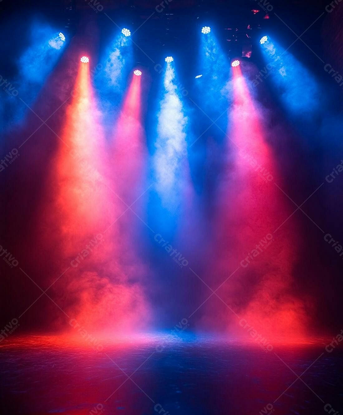 Palco com luzes coloridas e névoa