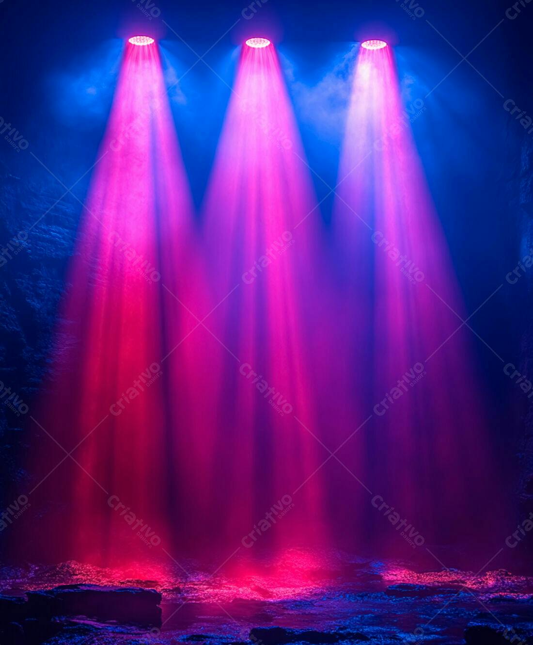 Três holofotes rosa e azul em fundo escuro