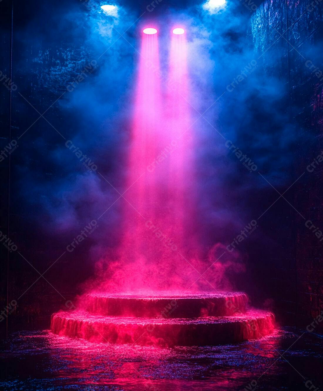 Palco iluminado rosa e azul com névoa