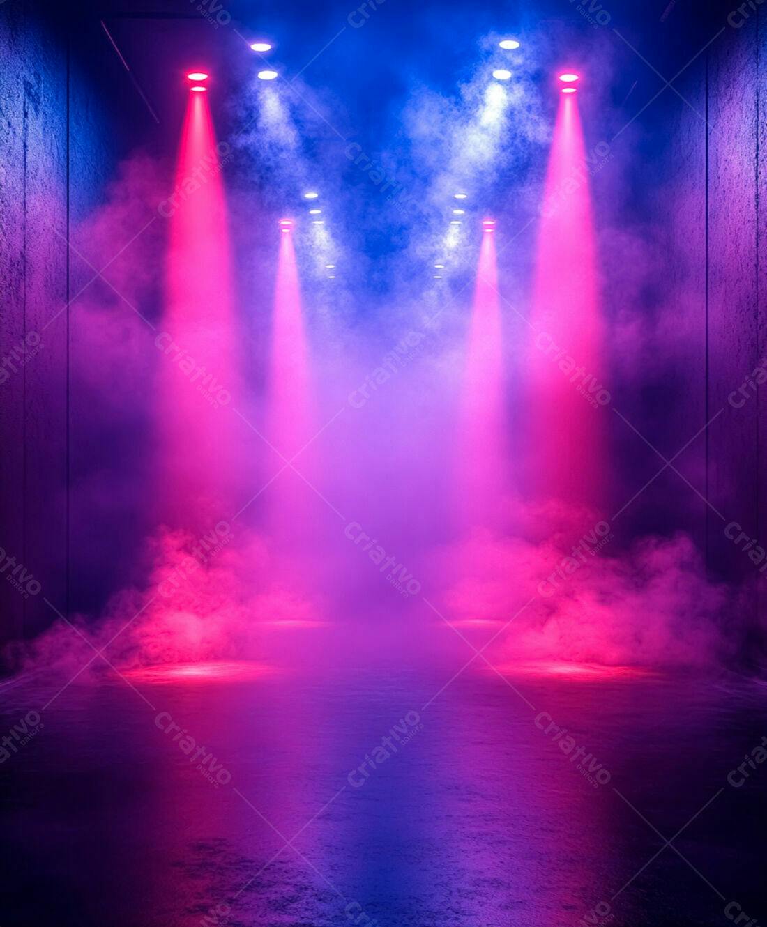 Palco iluminado rosa e azul com névoa