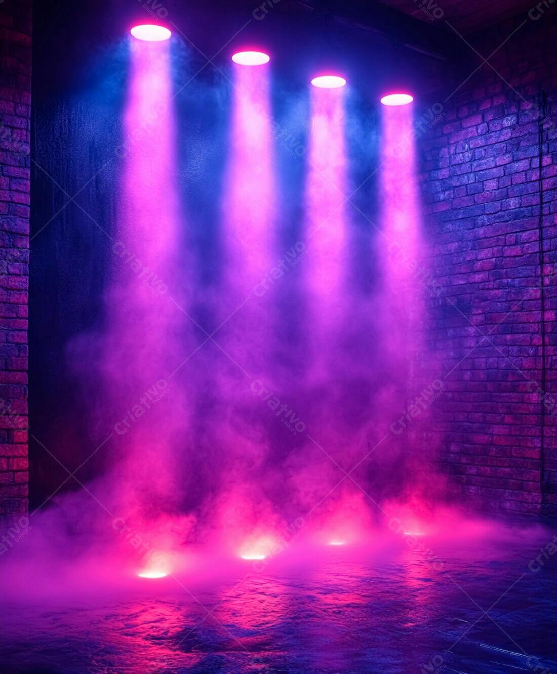 Palco com iluminação rosa e roxa em ambiente industrial