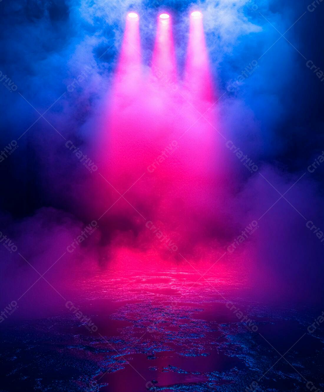 Palco com luzes rosa e azul em névoa