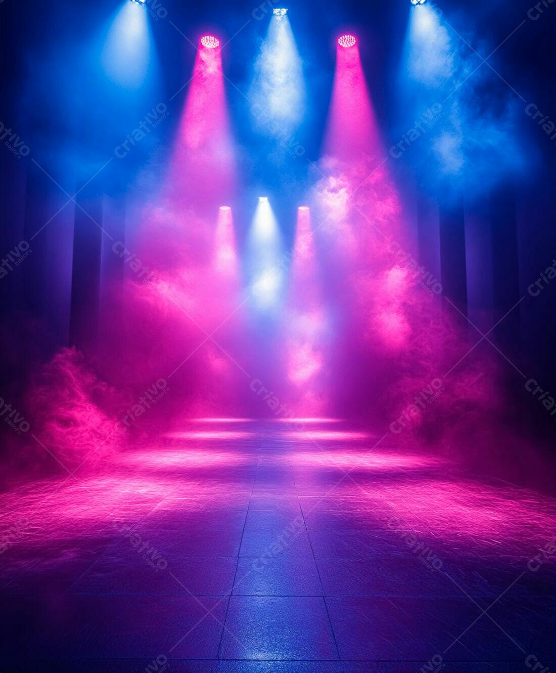 Palco iluminado rosa e azul com fumaça