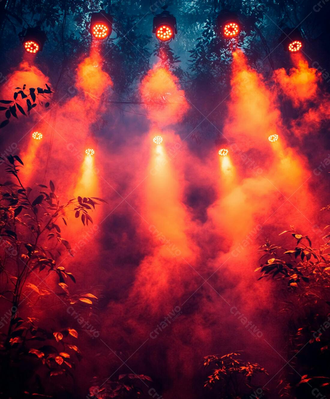Luzes vermelhas em floresta nebulosa