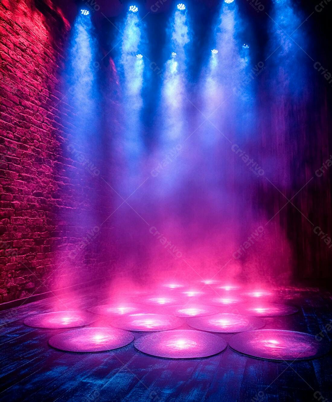 Palco iluminado com névoa roxa e azul