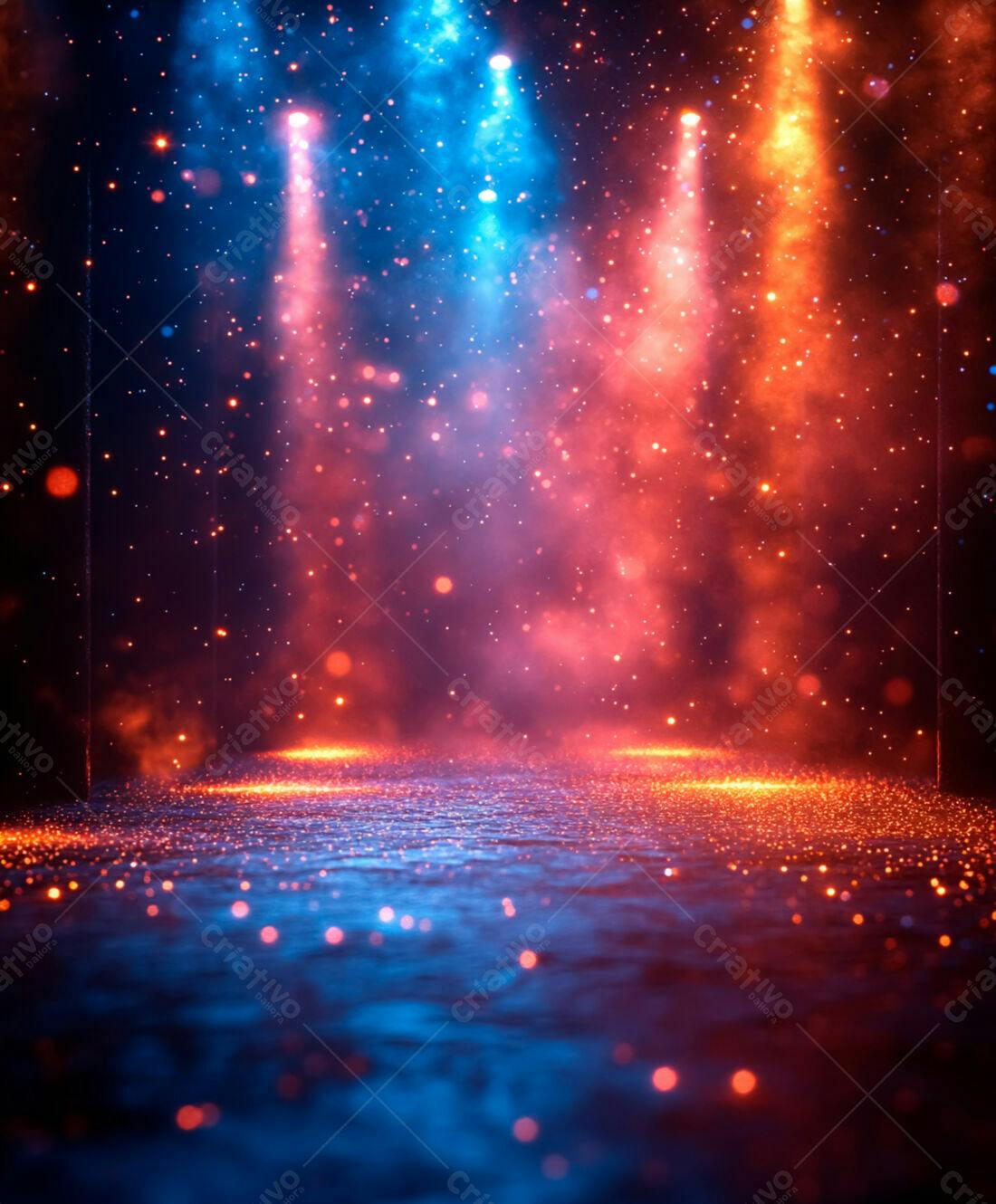 Palco iluminado com luzes azuis e laranjas