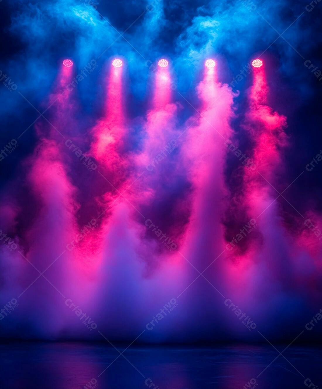 Palco com luzes rosa e azul em névoa