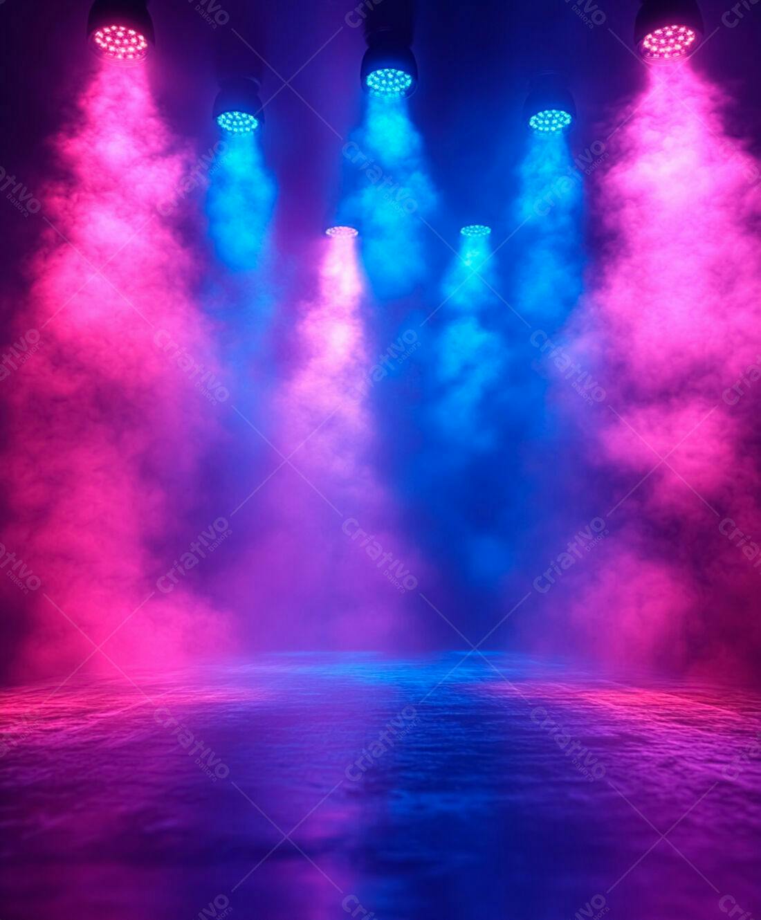 Palco com luzes rosa e azul em névoa