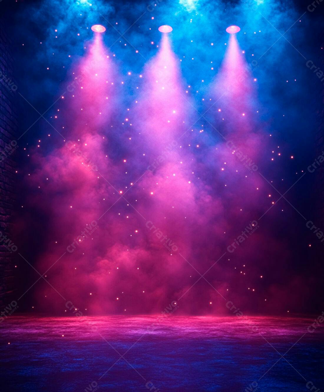 Palco iluminado rosa e azul com névoa
