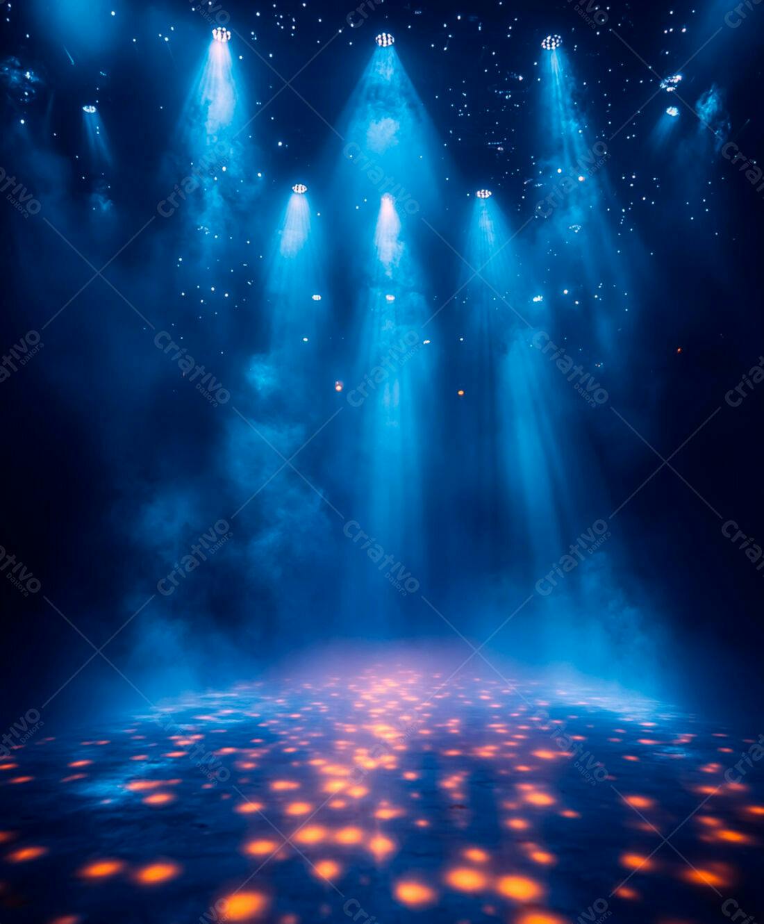 Palco iluminado com luzes azuis e laranja