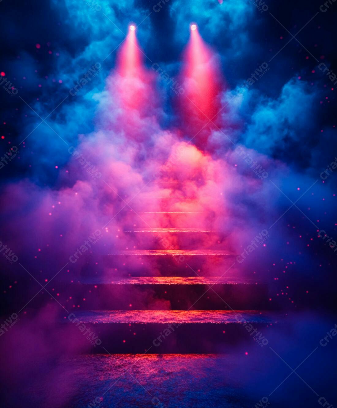 Escada iluminada em névoa rosa e azul