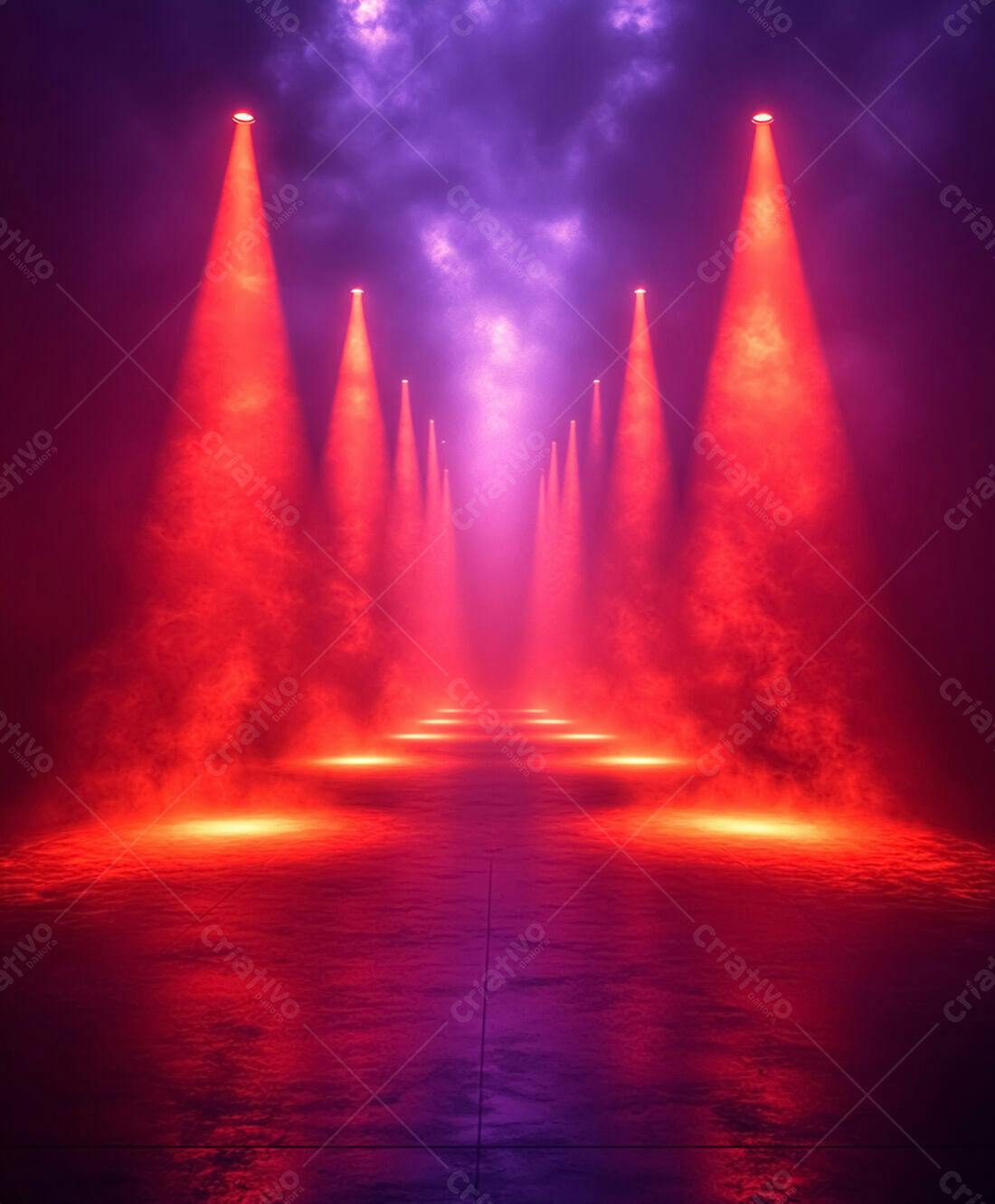 Palco iluminado vermelho e roxo com névoa