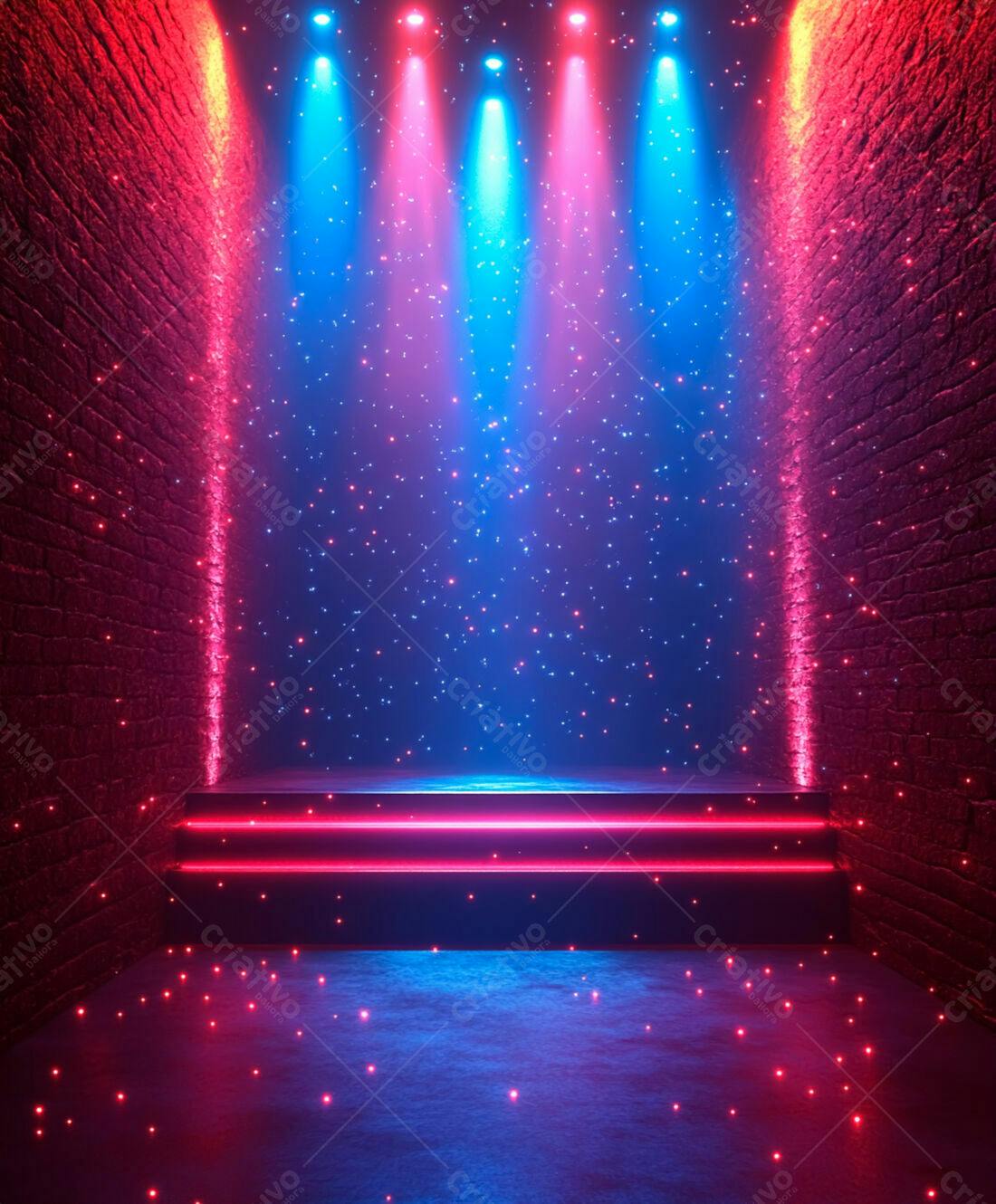 Palco Neon Rosa e Azul em ambiente de tijolos