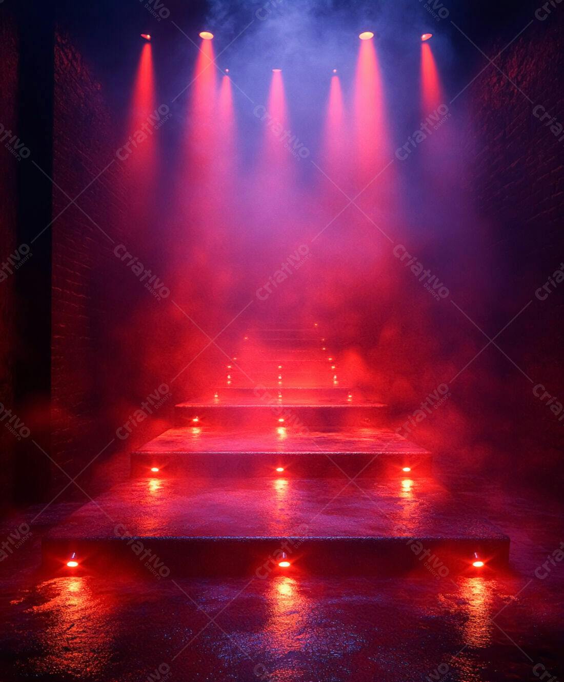 Escada iluminada em vermelho e roxo