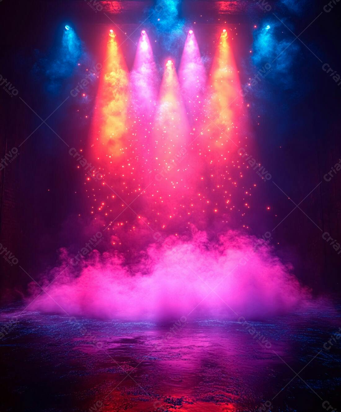 Palco com luzes coloridas e névoa