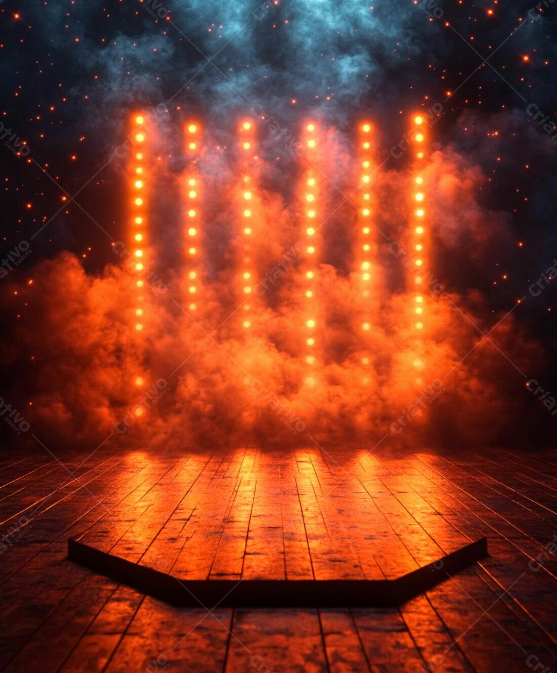Palco iluminado com névoa laranja