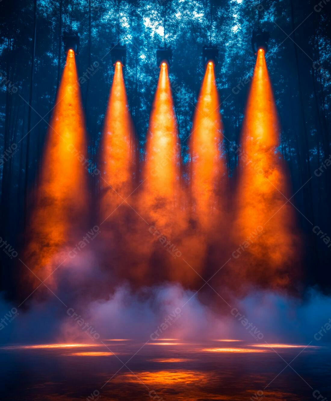 Quatro holofotes laranja em floresta noturna