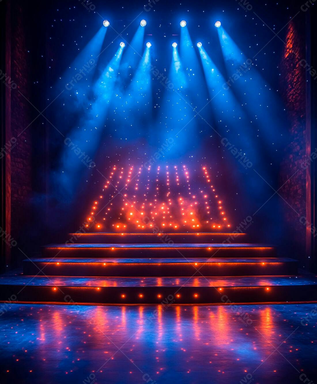 Palco iluminado com luzes azuis e laranja