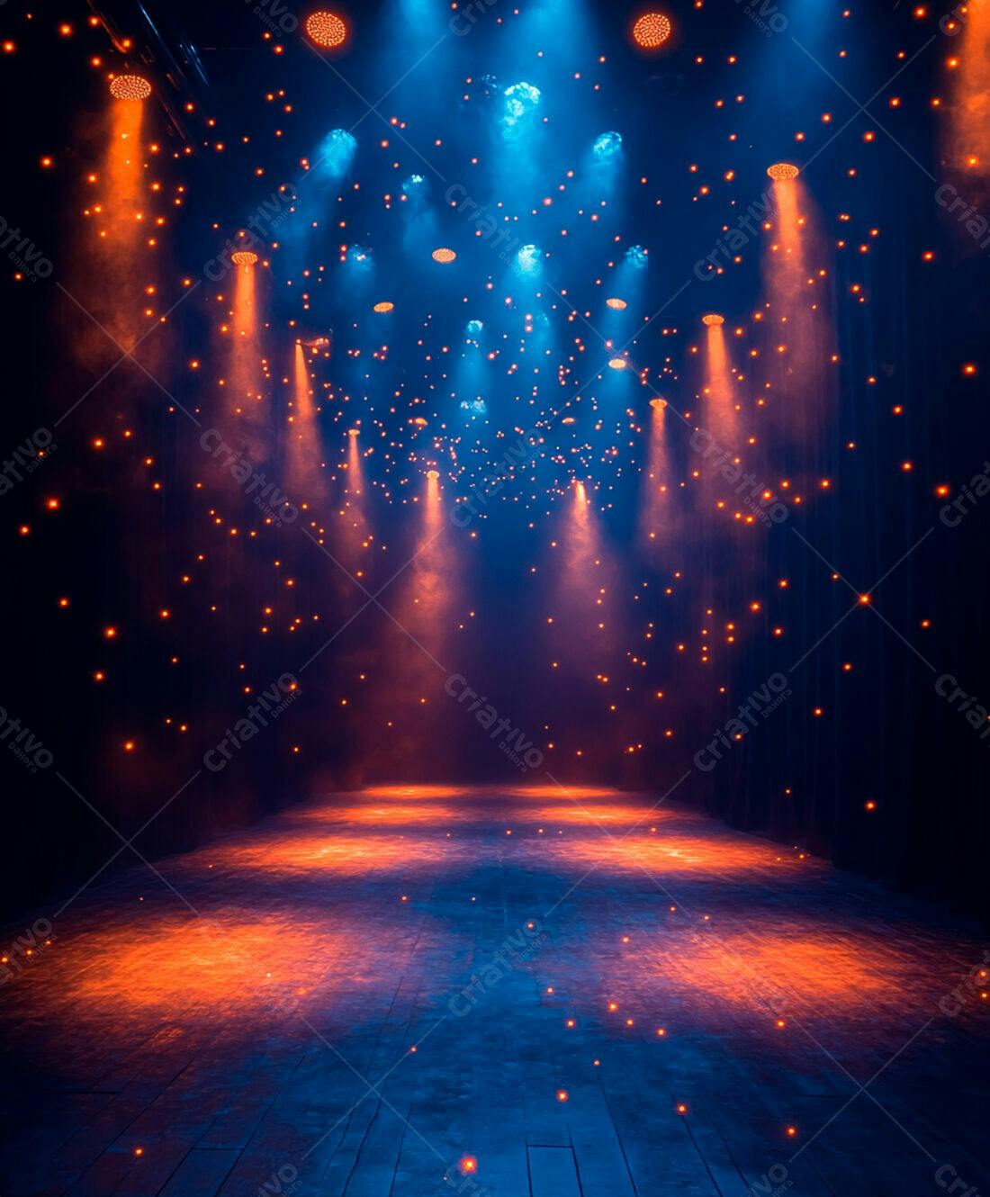 Palco iluminado com luzes azuis e laranjas
