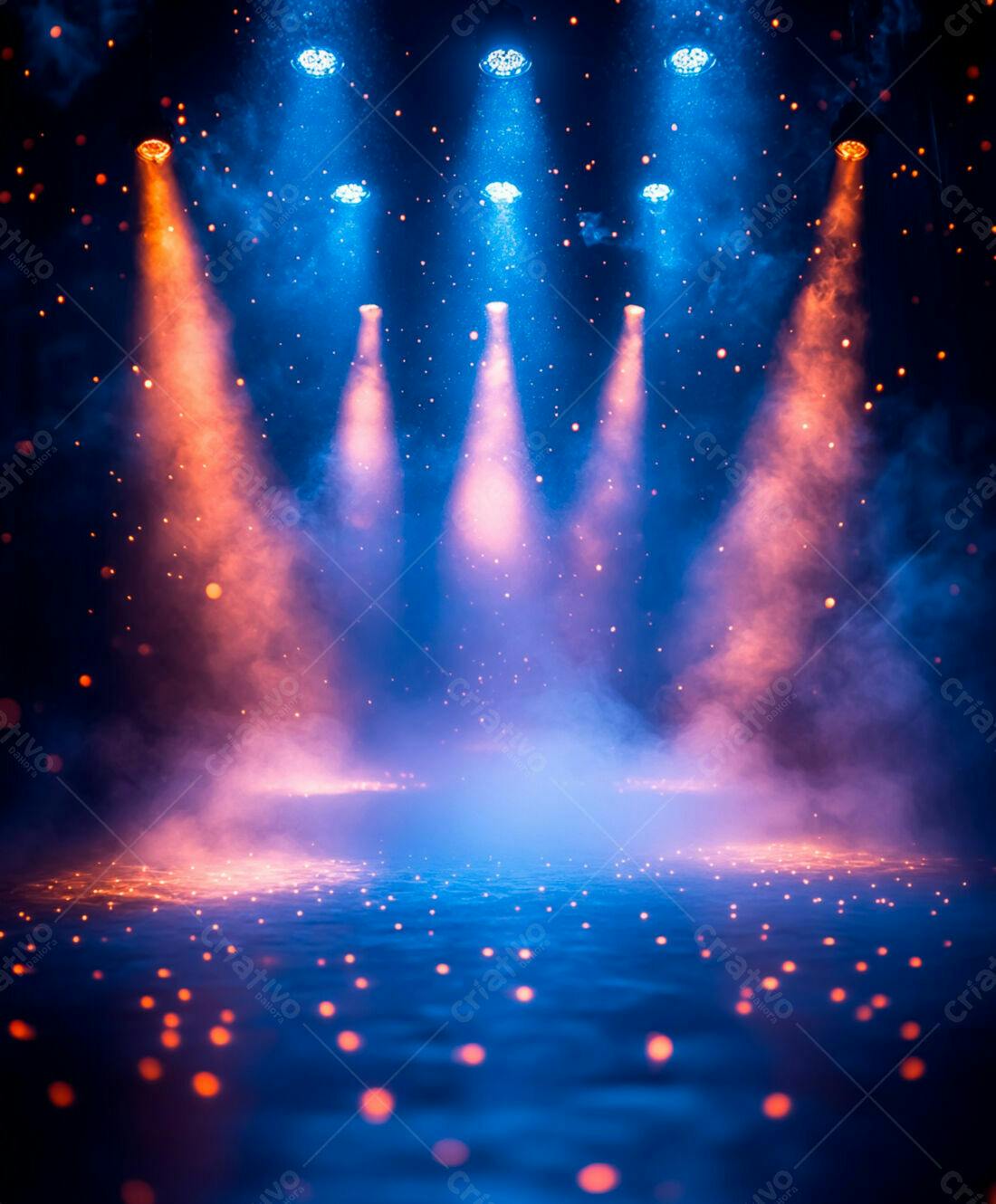 Palco iluminado com luzes azuis e laranjas
