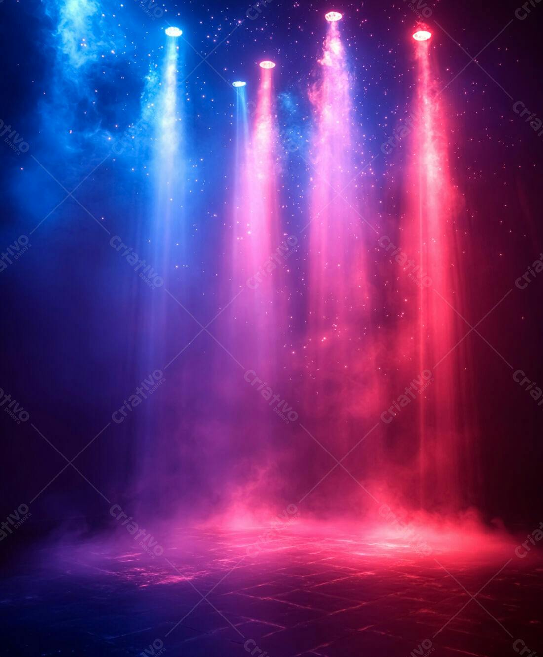 Palco iluminado com luzes rosa e azul