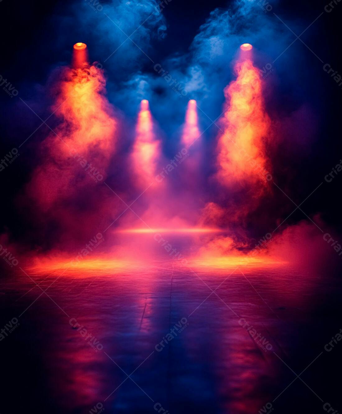 Palco com iluminação dramática em tons vermelhos e azuis