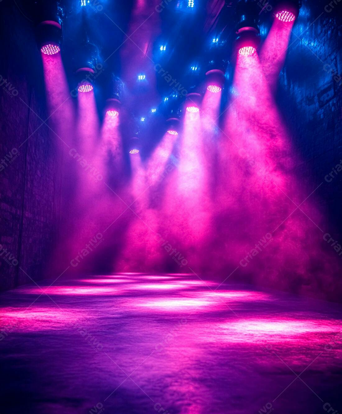 Palco iluminado rosa e azul com névoa