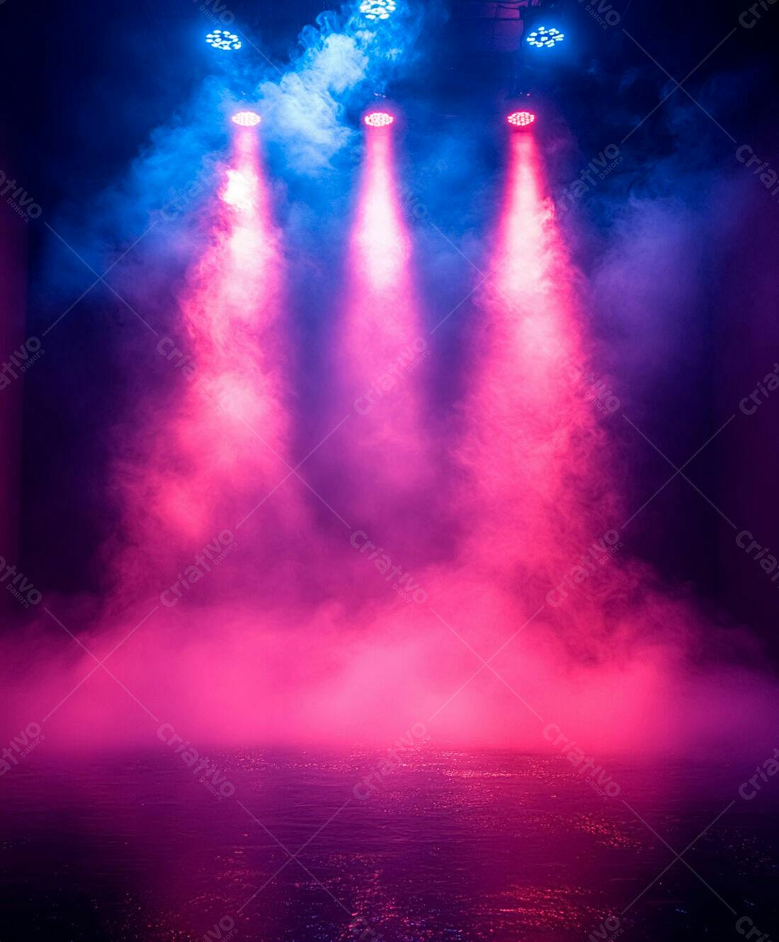 Palco com luzes rosa e azul em névoa