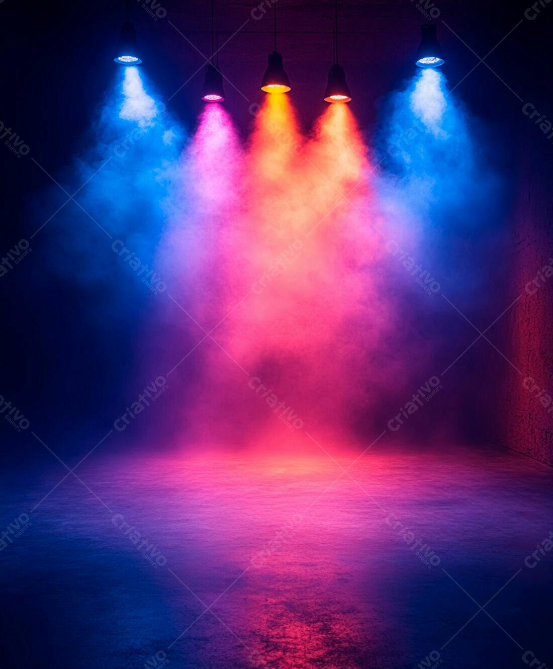Palco iluminado com névoa colorida