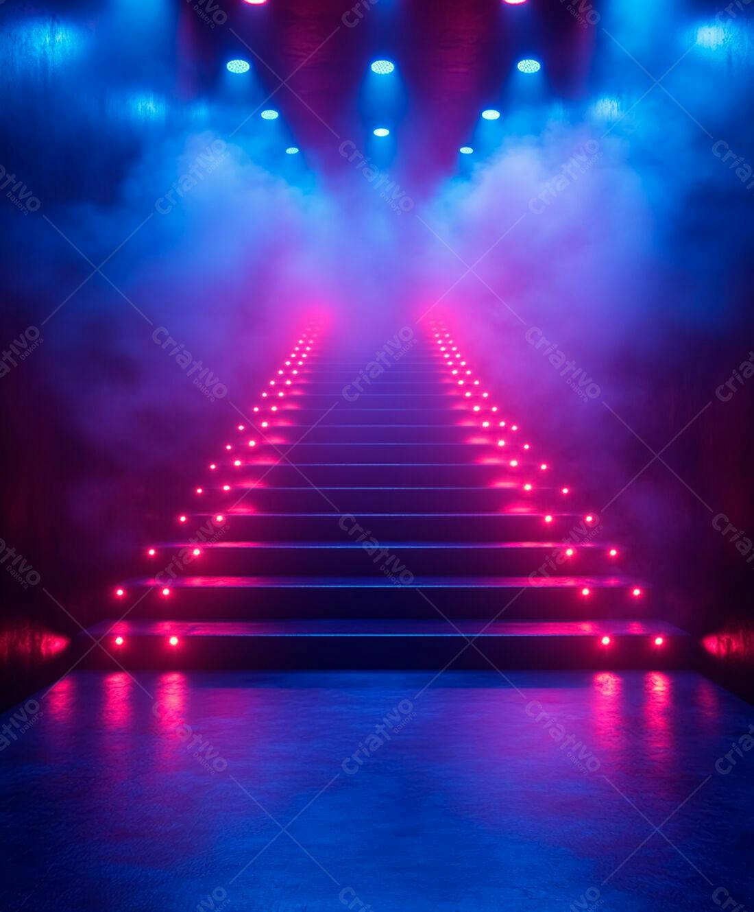 Escada iluminada rosa e azul em ambiente nebuloso