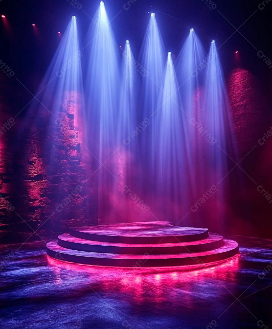 Palco iluminado rosa e azul em ambiente escuro