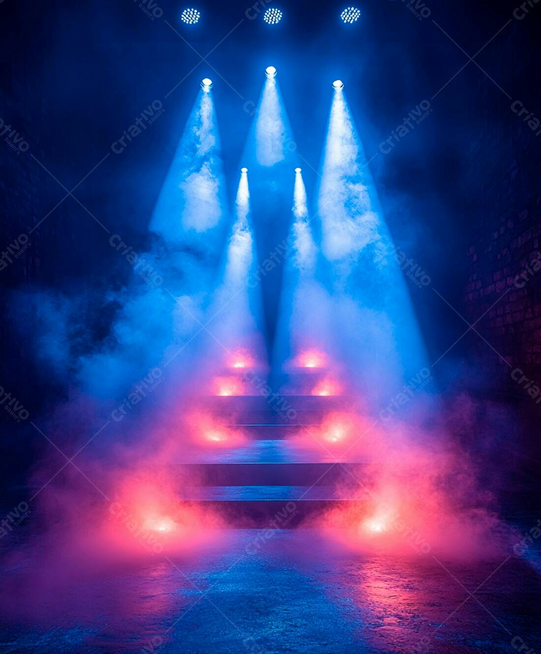 Escada iluminada em palco com névoa azul e rosa