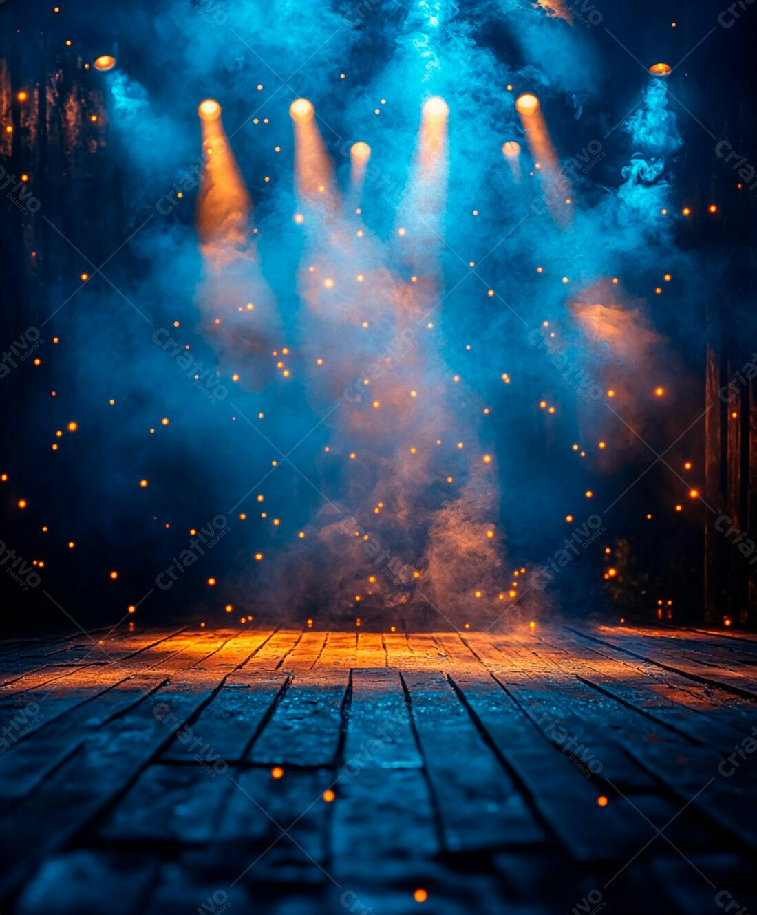 Palco com luzes azuis e laranjas