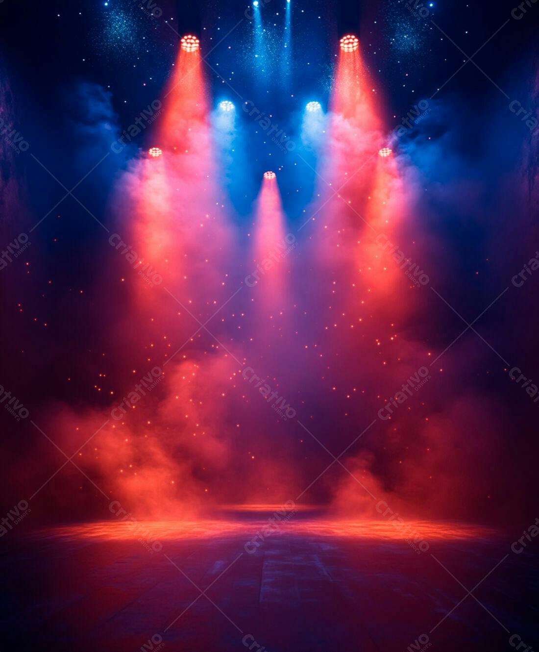 Palco iluminado com luzes vermelhas e azuis