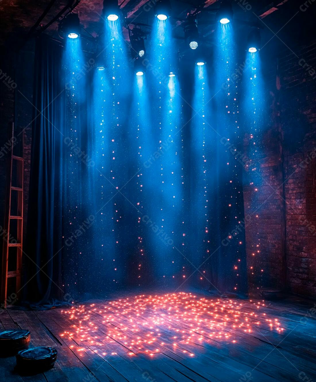 Palco iluminado com luzes azuis e pisca-pisca laranja