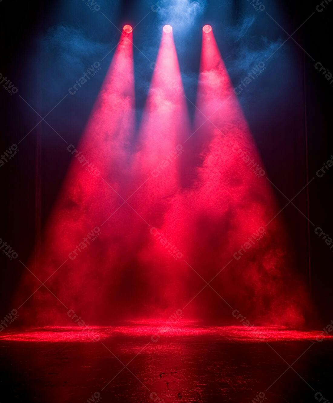 Palco iluminado vermelho e azul com fumaça