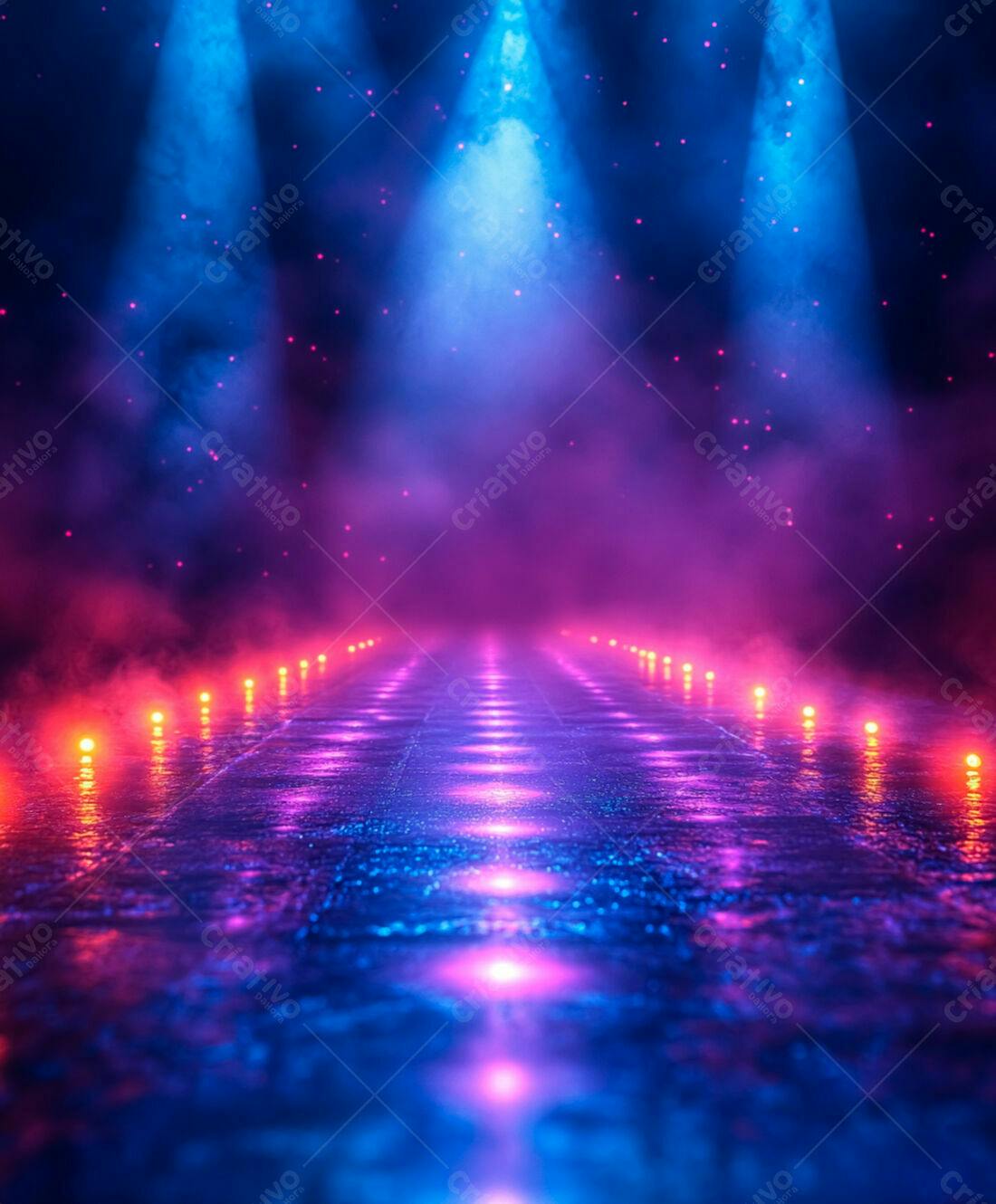 Palco iluminado com luzes rosa e azul