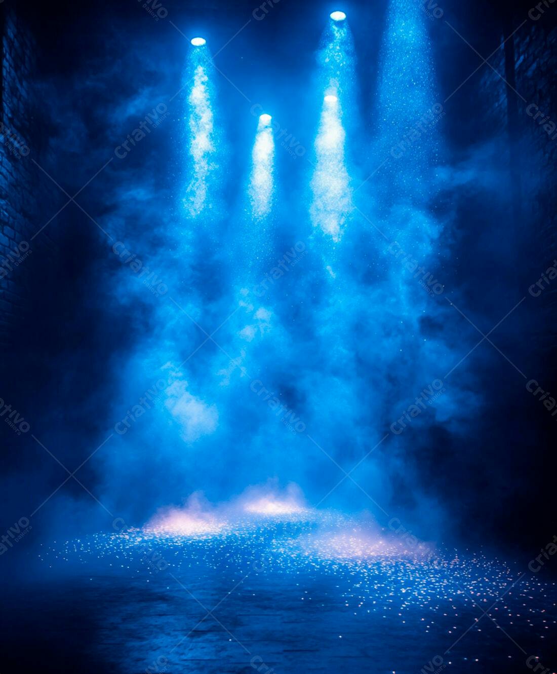 Palco com iluminação azul e fumaça