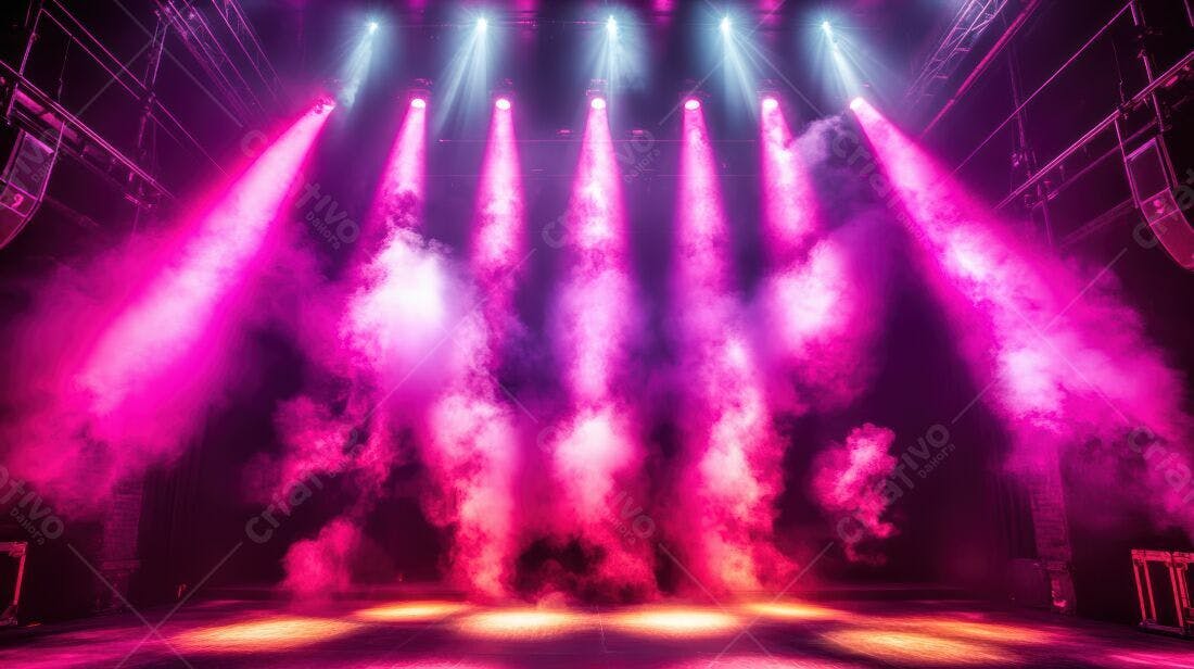 Palco com luzes rosa e névoa