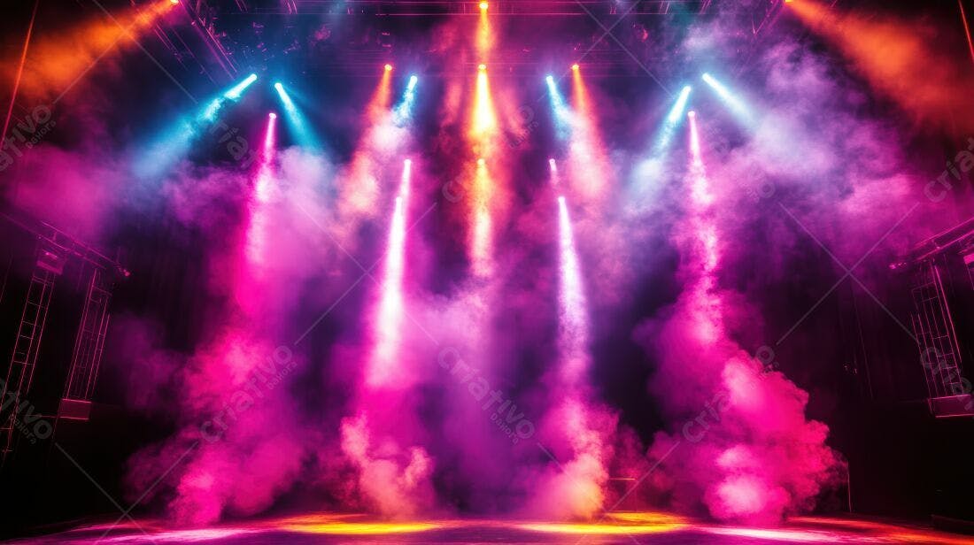 Palco com iluminação colorida e névoa