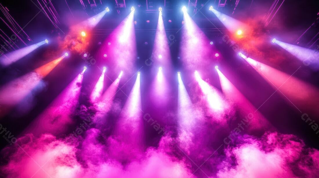 Palco com luzes rosa e roxas em show
