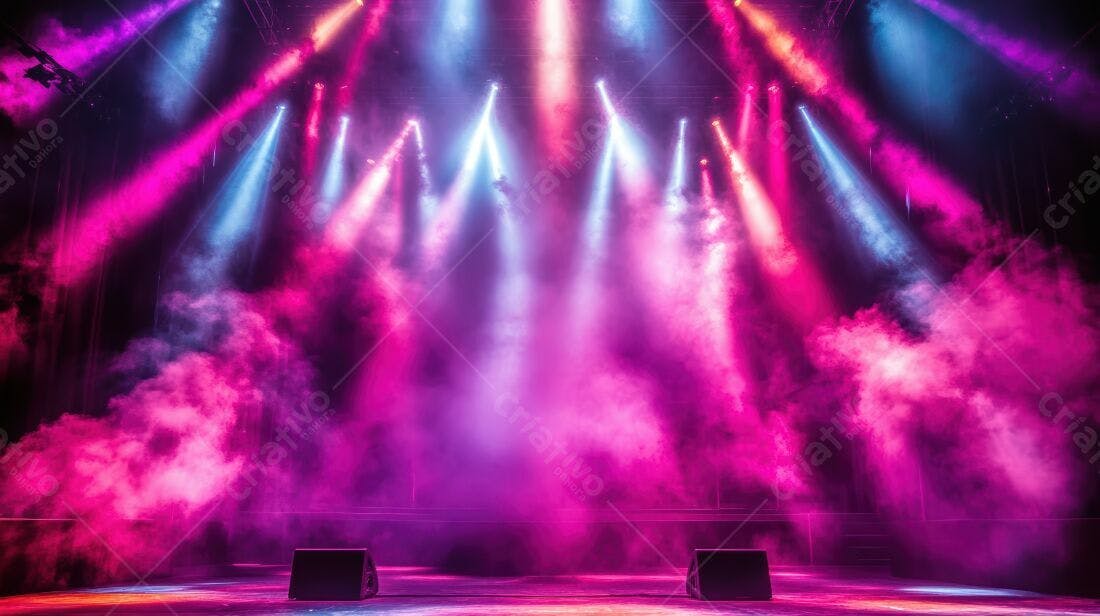 Palco iluminado com névoa rosa e azul