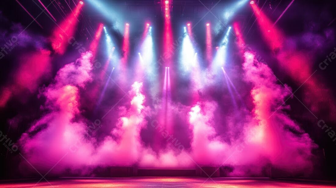 Palco iluminado com névoa rosa e azul
