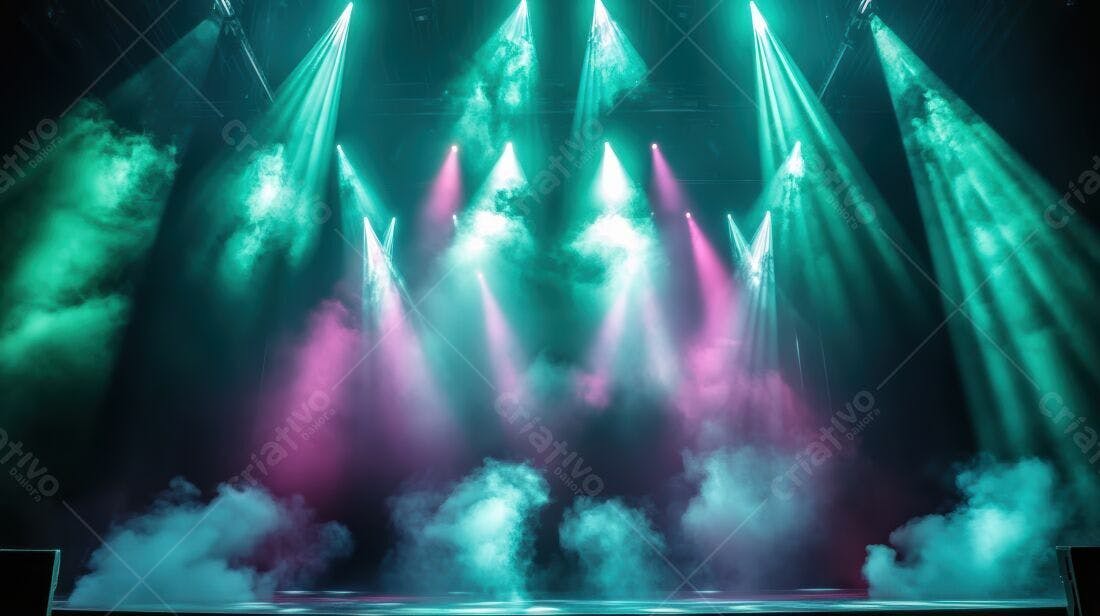 Palco iluminado com névoa verde e rosa