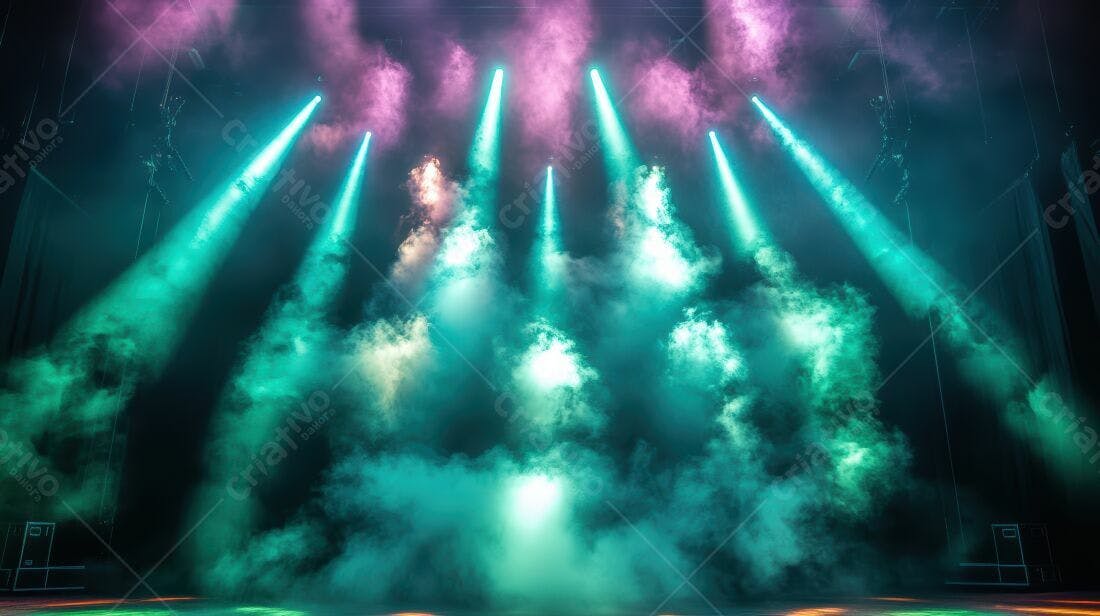 Palco com luzes coloridas e névoa